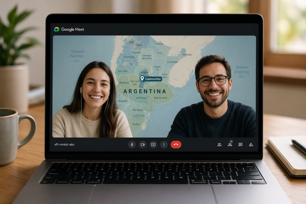 Pantalla de laptop mostrando una videollamada de Meet con un mapa de Argentina de fondo y dos personas sonriendo. Para escalar tu servicio local a nivel nacional con la atención remota