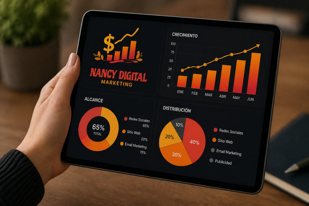 primer plano de una mano sosteniendo una tablet que muestra gráficos de barras y tortas de crecimiento, con el logo de Nancy Digital.
Auditoría Digital: 5 señales de que tu estrategia quedó vieja