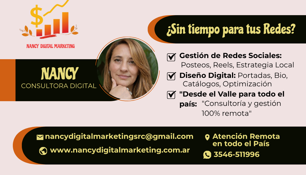 Diseño de una tarjeta de presentación profesional naranja y crema para Nancy Digital Marketing, con código QR y servicios detallados.