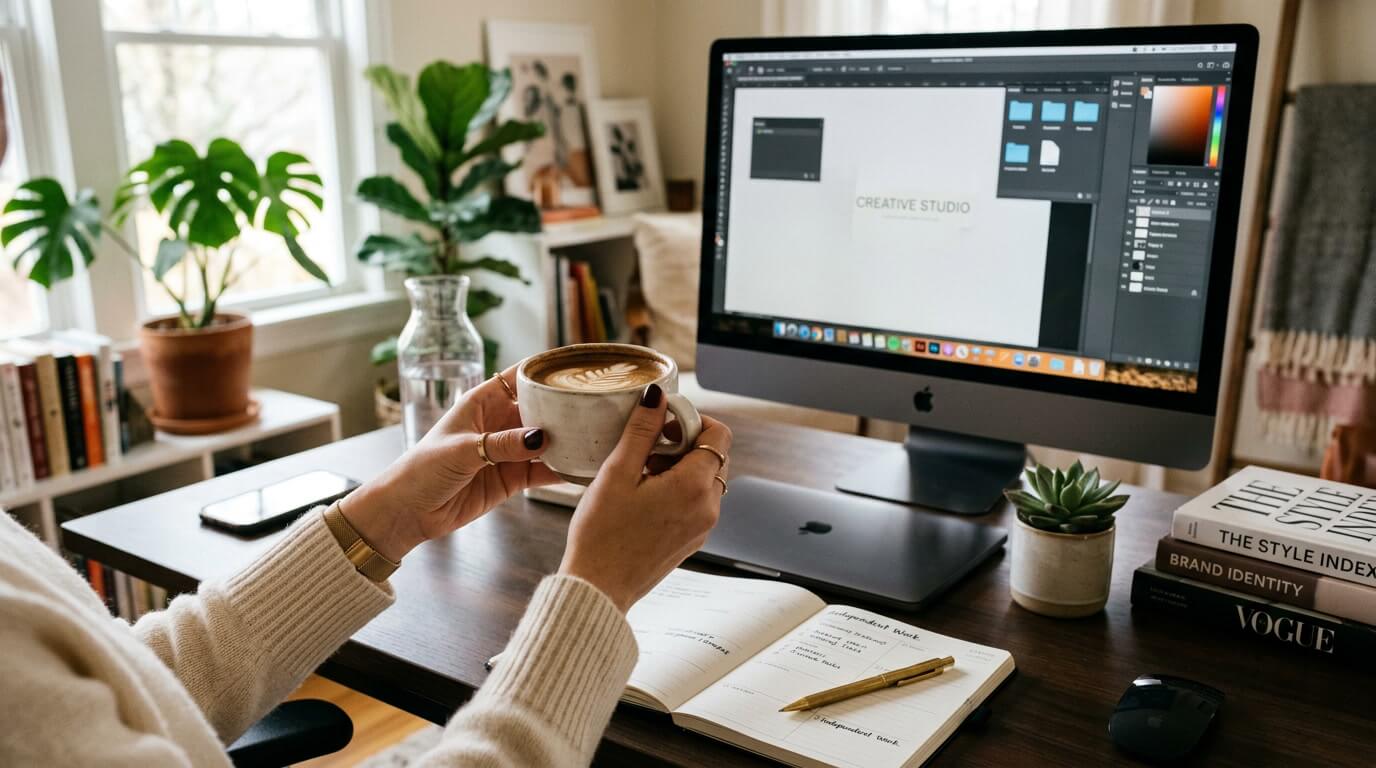 Una mujer sostiene una taza de café con arte latte frente a un escritorio de trabajo organizado con una computadora que muestra un software de diseño, un cuaderno con anotaciones, plantas de interior y libros de diseño de identidad de marca. ¿Por qué tu Instagram no refleja la calidad real de tu negocio?